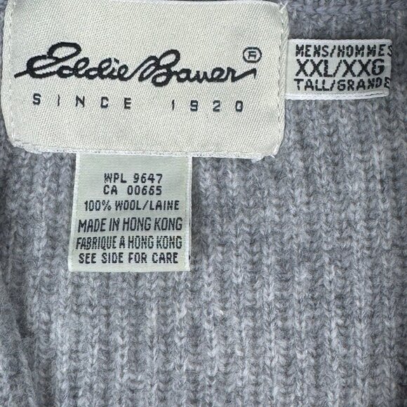 Eddie Bauer XXL Mens Gray Wool Sweater Ribbed V-Neck Hong Kong Winter Vintage - Picture 2 of 16